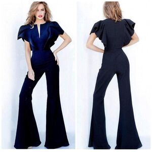 Jovani navy formal glam Ruffle Angel Sleeved Jumpsuit scuba pageant 00762